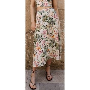 H&M Floral Midi Skirt Linen Blend Elastic Waist Boho Cottagecore Tropical Size S